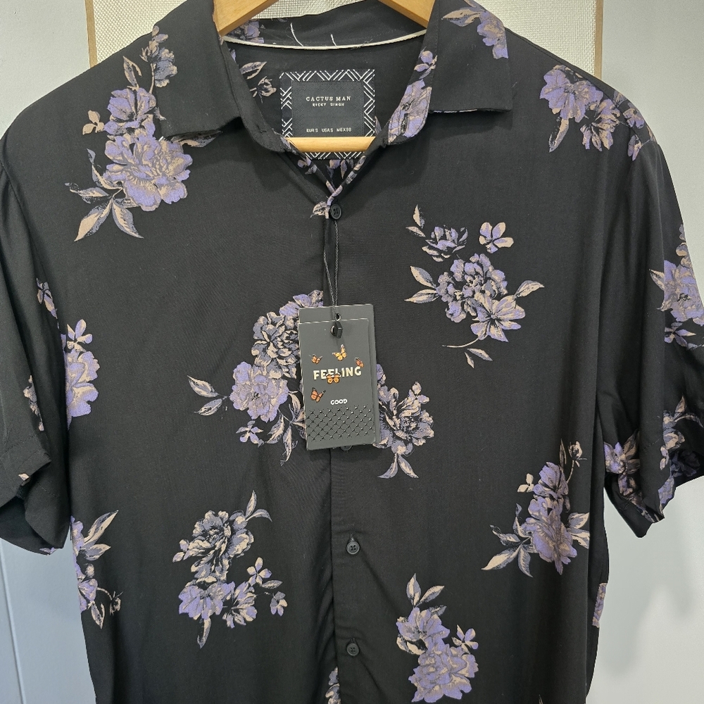 Cactus Black Shirt with Purple Floral Design